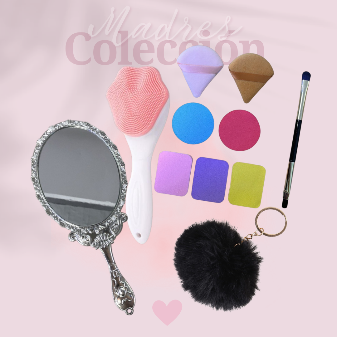 KIT ESPONAS + ESPEJO + CEPILLO FACIAL + LLAVERO PELUCHE