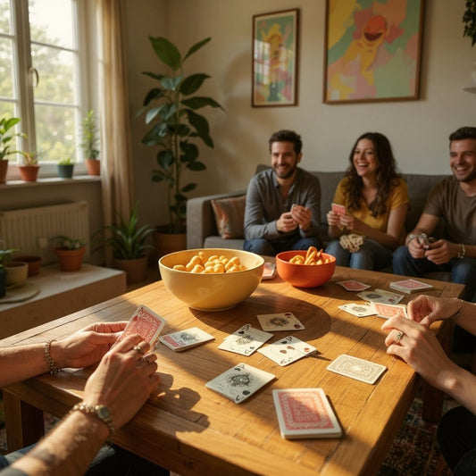 Grupo de amigos jugando con el juego de cartas Aleko.com.co en una mesa de madera con snacks en una sala acogedora.