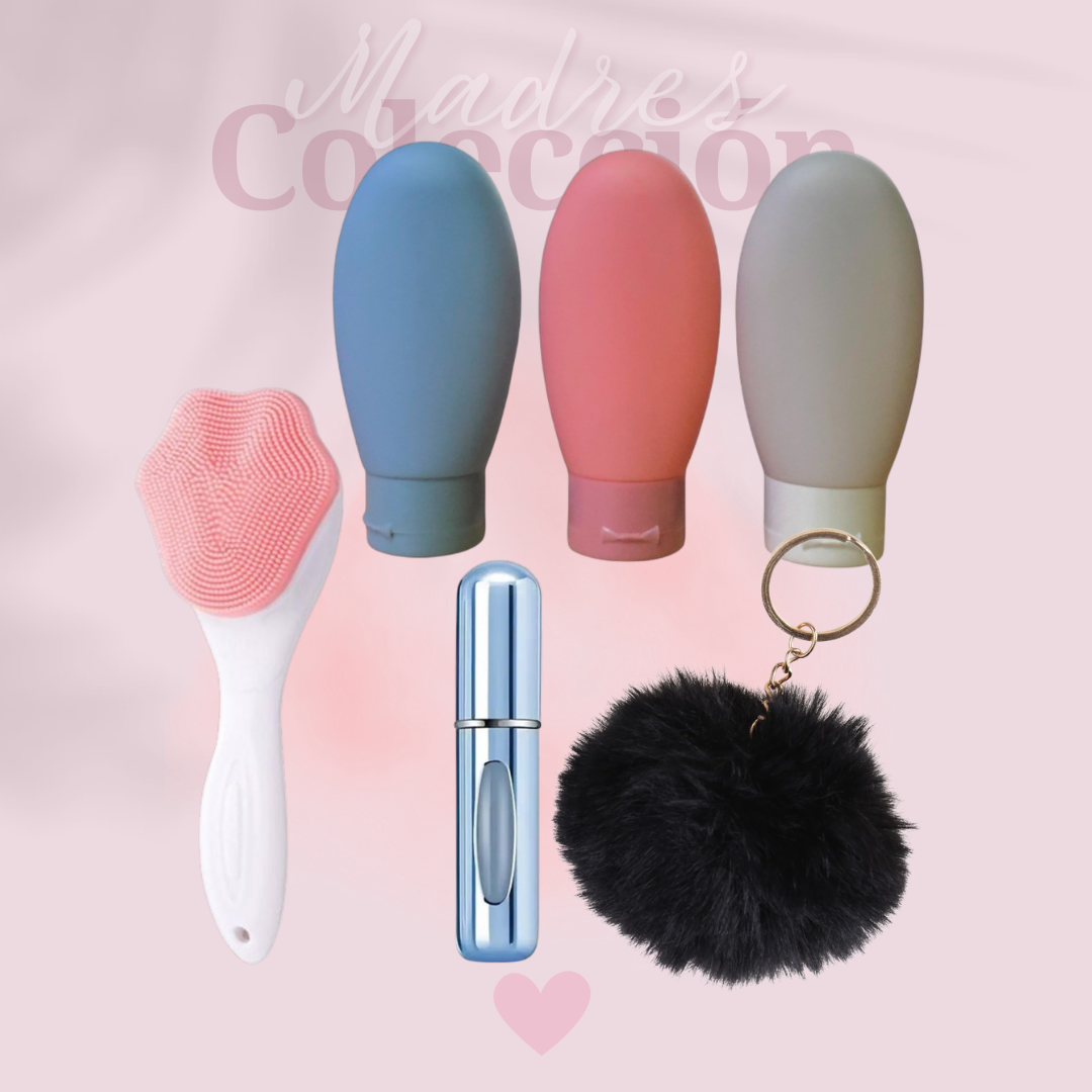 KIT 3 TARRITOS VIAJEROS + LLAVERO PELUCHE + PERFUMERO + CEPILLO FACIAL