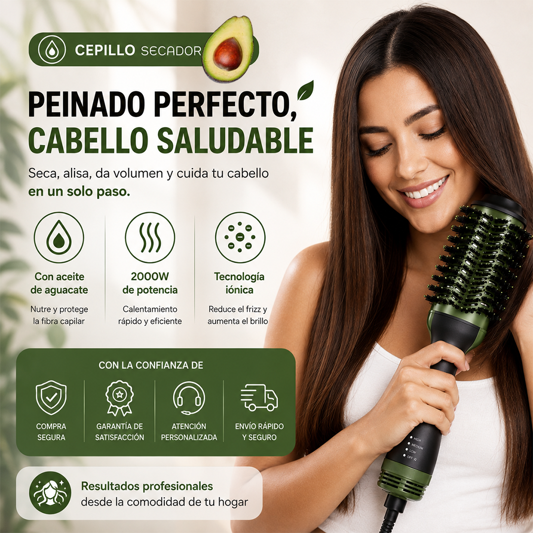 Mujer usando cepillo secador eléctrico Aleko.com.co verde con tecnología iónica para un peinado profesional en casa