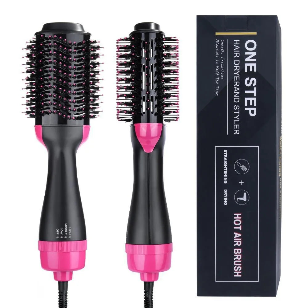 Cepillo secador y moldeador 3 en 1 Aleko.com.co con cerdas mixtas, diseño ergonómico negro y rosa y caja de producto