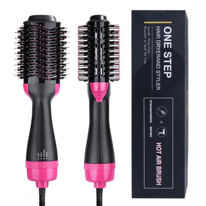 Cepillo secador y moldeador 3 en 1 Aleko.com.co con cerdas mixtas, diseño ergonómico negro y rosa y caja de producto