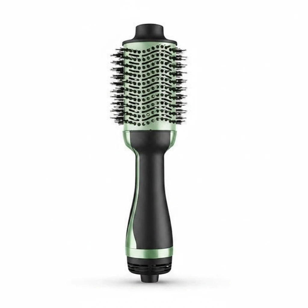 Cepillo secador eléctrico Aleko.com.co en color verde aguacate con cerdas negras para peinar y secar el cabello