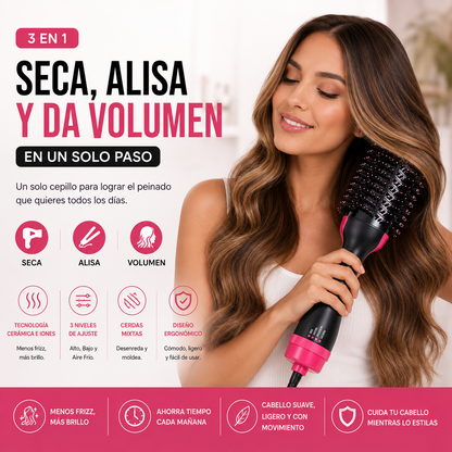 Mujer usando cepillo secador y voluminizador 3 en 1 Aleko.com.co con tecnología iónica para un peinado profesional