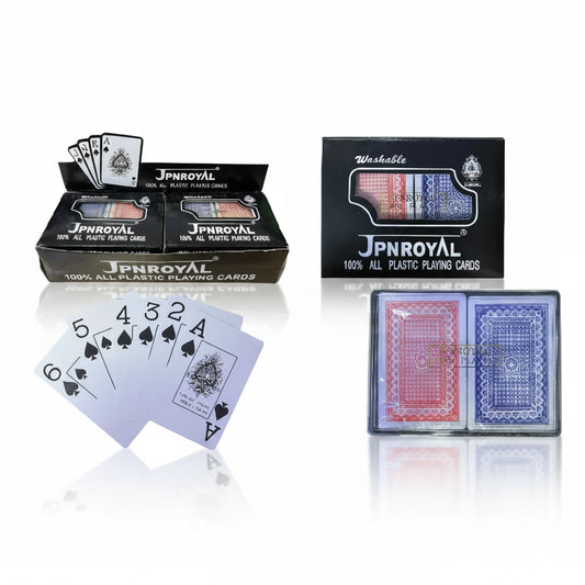 Juego de cartas JPNROYAL de Aleko.com.co, barajas de plástico lavables en estuche negro con diseños rojo y azul