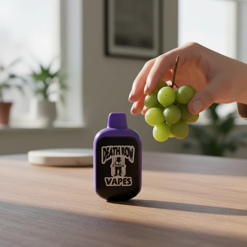 Vaporizador desechable Aleko.com.co Death Row Vapes morado con diseño ergonómico junto a un racimo de uvas frescas